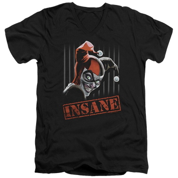 Black men's v-neck t-shirt with Harley Quinn Batman Insane graphic