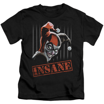 Black kid's t-shirt for ages 4 to 7 with Harley Quinn Insane graphic