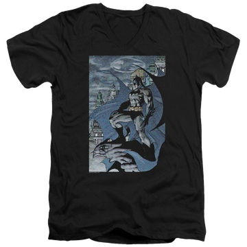 Black men's v-neck t-shirt with Batman Seurbat graphic