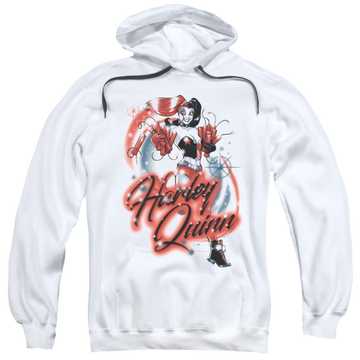 White pullover hoodie with Harley Quinn Batman Harley Airbrush graphic