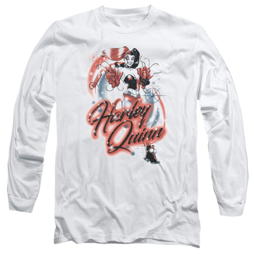 White men's long sleeve t-shirt with Harley Quinn Batman Harley Airbrush graphic