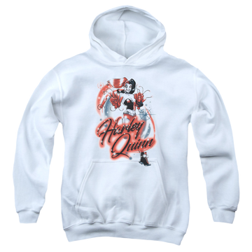 White youth hoodie for ages 8 to 12 with Harley Quinn Harley Airbrush graphic