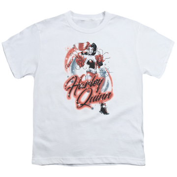White youth t-shirt for ages 8 to 12 with Harley Quinn Harley Airbrush graphic
