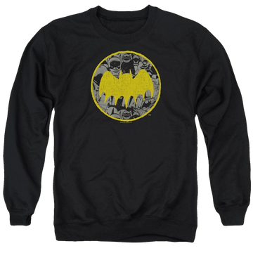 Charcoal men's crewneck sweatshirt with Batman Vintage Symbol Collage graphic