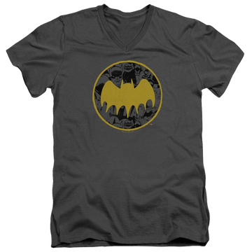 Charcoal men's v-neck t-shirt with Dc Batman Vintage Symbol Collage graphic