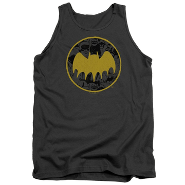 Charcoal men's tank with Dc Batman Vintage Symbol Collage graphic