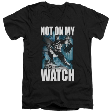 Black men's v-neck t-shirt with Batman Not On My Watch graphic