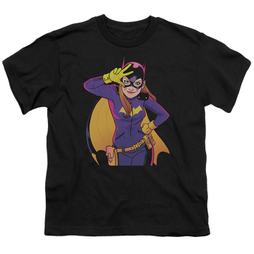 Black youth t-shirt for ages 8 to 12 with Batman Batgirl Moves graphic