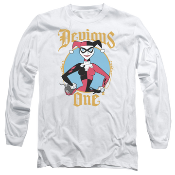 White men's long sleeve t-shirt with Harley Quinn Batman Devious One graphic