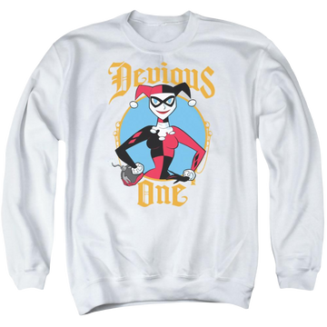 White men's crewneck sweatshirt with Harley Quinn Batman Devious One graphic