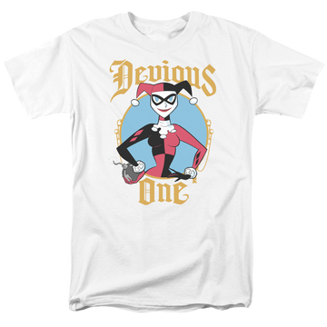 White men's regular fit t-shirt with Harley Quinn Batman Devious One graphic