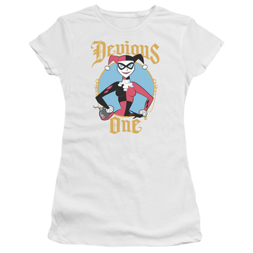 White juniors t-shirt with Harley Quinn Batman Devious One graphic