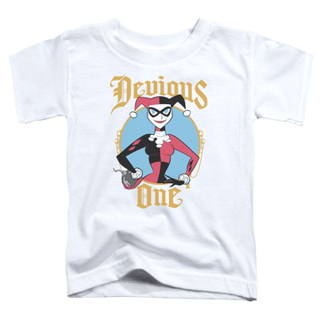 White kid's t-shirt for ages 4 to 7 with Harley Quinn Devious One graphic