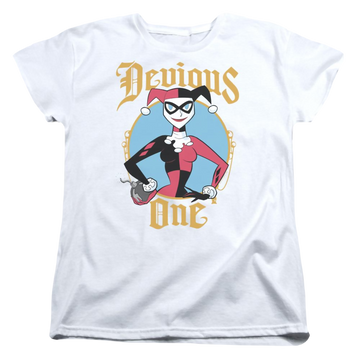 White women's t-shirt with Harley Quinn Batman Devious One graphic