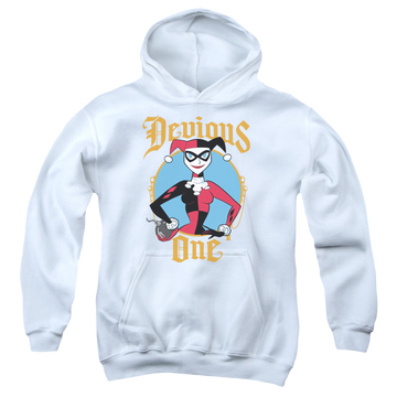 White youth hoodie for ages 8 to 12 with Harley Quinn Devious One graphic