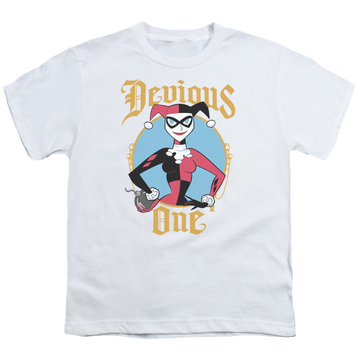 White youth t-shirt for ages 8 to 12 with Harley Quinn Devious One graphic