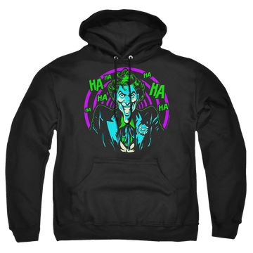 Black pullover hoodie with Joker Hahaha graphic