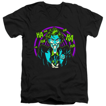 Black men's v-neck t-shirt with Joker Hahaha graphic