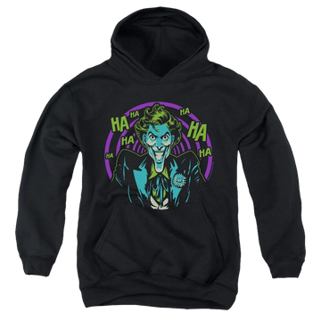 Black youth hoodie for ages 8 to 12 with Joker Hahaha graphic
