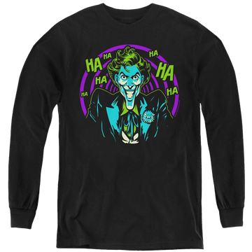 Black youth long sleeve t-shirt with Joker Hahaha graphic