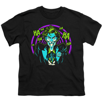 Black youth t-shirt for ages 8 to 12 with Joker Hahaha graphic