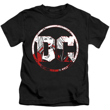 Black kid's t-shirt for ages 4 to 7 with Harley Quinn Dc Logo Harley graphic
