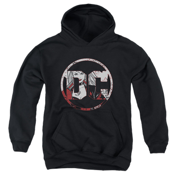 Black youth hoodie for ages 8 to 12 with Harley Quinn Dc Logo Harley graphic