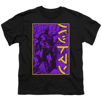 Black youth t-shirt for ages 8 to 12 with Dc Batman Big Framed Kanji graphic