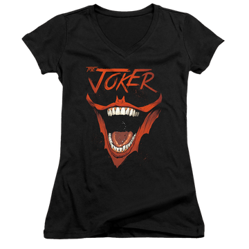 Black juniors v-neck t-shirt with Joker Bat Laugh graphic