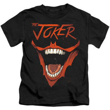 Black kid's t-shirt for ages 4 to 7 with Joker Bat Laugh graphic
