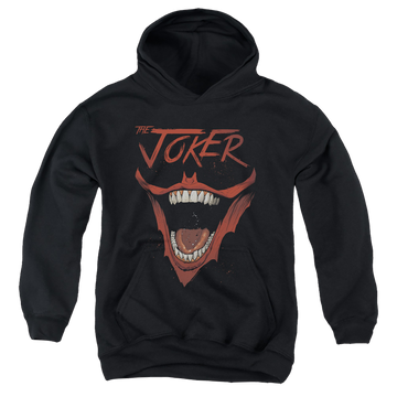 Black youth hoodie for ages 8 to 12 with Joker Bat Laugh graphic