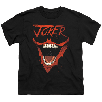 Black youth t-shirt for ages 8 to 12 with Joker Bat Laugh graphic