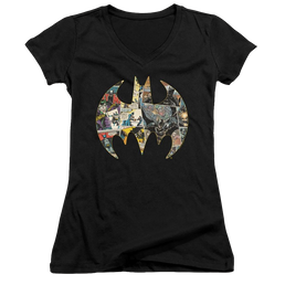 Dc Batman Collage Shield - Juniors V-Neck T-Shirt Juniors V-Neck T-Shirt Batman   