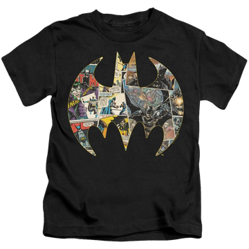 Black kid's t-shirt for ages 4 to 7 with Dc Batman Collage Shield graphic