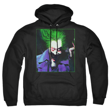 Black pullover hoodie with Arkham Asylum Joker graphic
