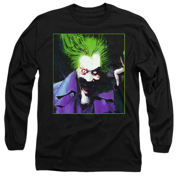 Black men's long sleeve t-shirt with Arkham Asylum Joker graphic