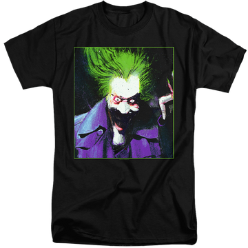 Black men's tall fit t-shirt with Arkham Asylum Joker graphic