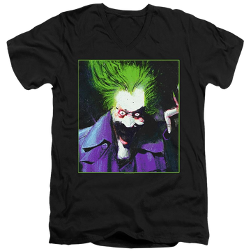 Black men's v-neck t-shirt with Arkham Asylum Joker graphic