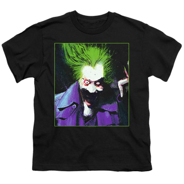 Black youth t-shirt for ages 8 to 12 with Arkham Asylum Joker graphic