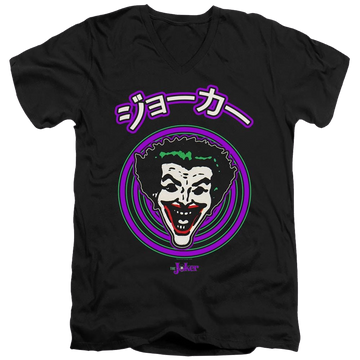 Black men's v-neck t-shirt with Joker Face Spiral graphic