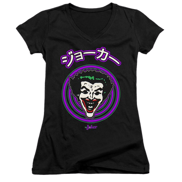 Black juniors v-neck t-shirt with Joker Face Spiral graphic