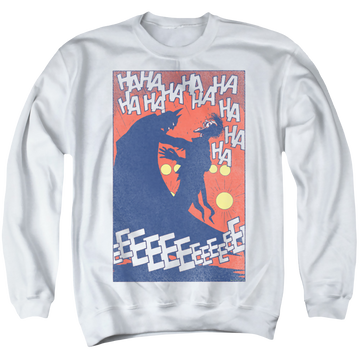 White men's crewneck sweatshirt with Joker Punchline graphic