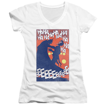 White juniors v-neck t-shirt with Joker Punchline graphic