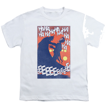 White youth t-shirt for ages 8 to 12 with Joker Punchline graphic