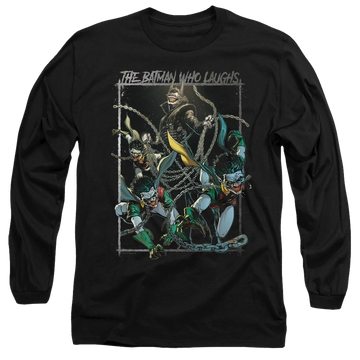 Black men's long sleeve t-shirt with Joker Batman Who Laughs graphic