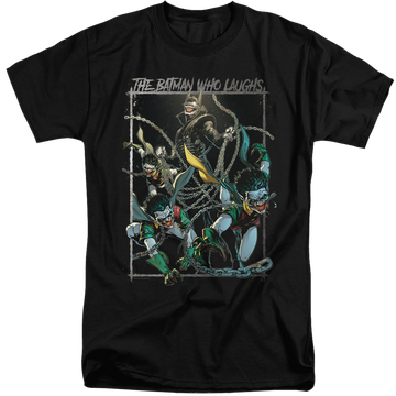 Black men's tall fit t-shirt with Joker Batman Who Laughs graphic