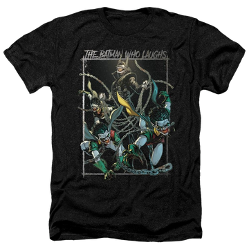 Charcoal men's heather t-shirt with Joker Batman Who Laughs graphic
