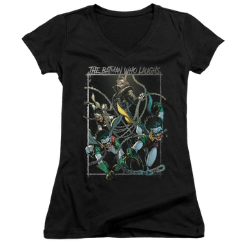 Black juniors v-neck t-shirt with Joker Batman Who Laughs graphic