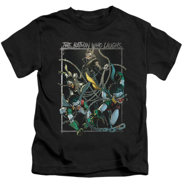 Black kid's t-shirt for ages 4 to 7 with Joker Batman Who Laughs graphic
