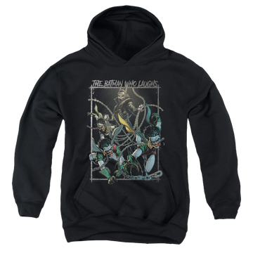 Black youth hoodie for ages 8 to 12 with Joker Batman Who Laughs graphic